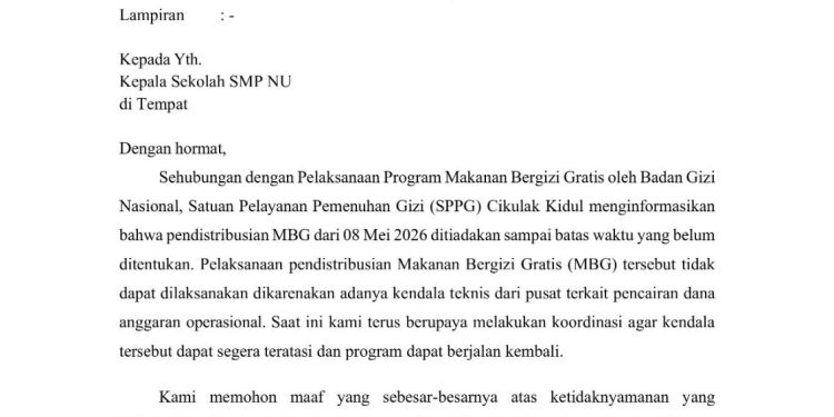Kendala Pencairan Dana, SPPG Cikulak Kidul Setop Sementara Distribusi MBG Mulai 8 Mei 2026